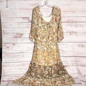 Hope Springs XXL Floral Maxi Chiffon Peasant Dress in Ivory and Gold NWOT